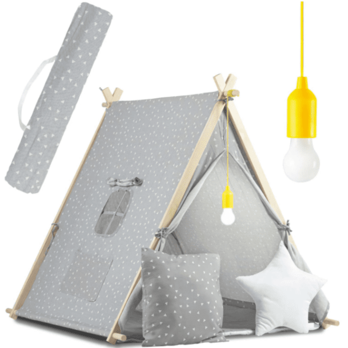 Ricokids Παιδική σκηνή Teepee σε γκρι τρίγωνα και εξωτερική λάμπα 116 x 107 x 110 cm