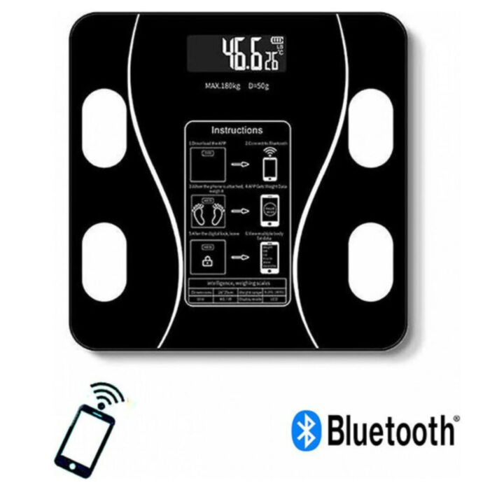 Γυάλινη Ψηφιακή Ζυγαριά Bluetooth για Μέτρηση Βάρους-Λιπομέτρηση και Δείκτη Μάζας Σώματος έως 180kg 2017A Μαύρη