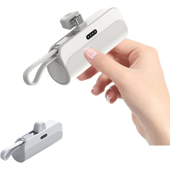 Mini Power Bank 5000mAh με Type-C Υποδοχή για Android και καλώδιο Lightning για iPhone σε Λευκό Χρώμα