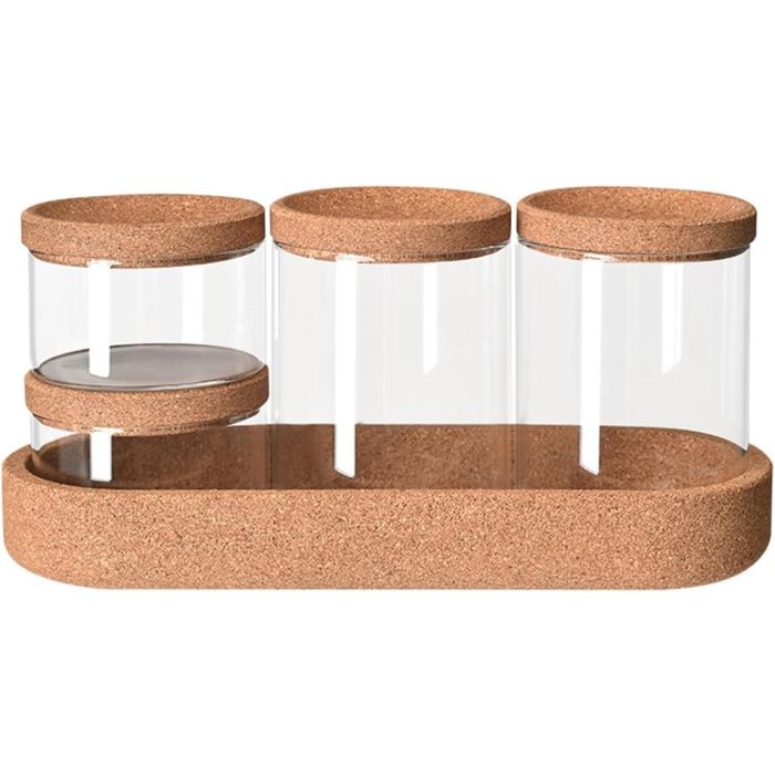 Σετ 4 Γυάλινα Βαζάκια Μπάνιου με Καπάκι & Βάση από Φελλό