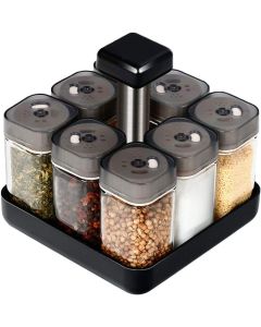 Σετ 8 Γυάλινα Βαζάκια Μπαχαρικών με Περιστρεφόμενη Βάση σε Μαύρο Χρώμα
