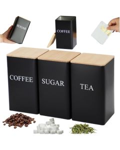 Σετ 3 Μεταλλικά Βάζα με Καπάκι από Bamboo για Ζάχαρη / Καφέ / Τσάι σε Μαύρο Χρώμα