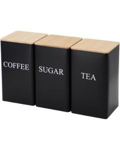 Σετ 3 Μεταλλικά Βάζα με Καπάκι από Bamboo για Ζάχαρη / Καφέ / Τσάι σε Μαύρο Χρώμα