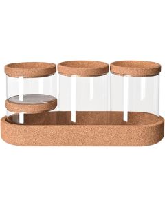 Σετ 4 Γυάλινα Βαζάκια Μπάνιου με Καπάκι & Βάση από Φελλό